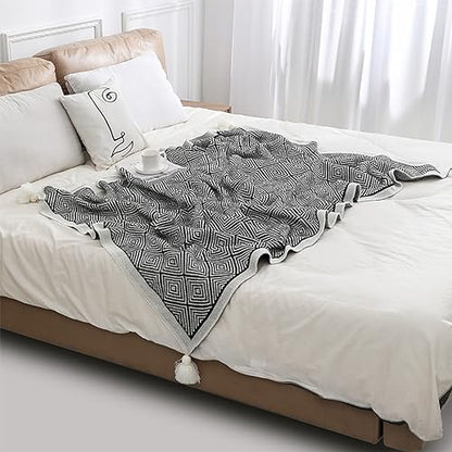 Fennco Styles Modern Diamond Knitted Throw Blanket with Tassel 50" W x 60" L – Taupe Geometric Pattern Lightweight Blanket for Couch, Bedroom, Living Room and Office Décor