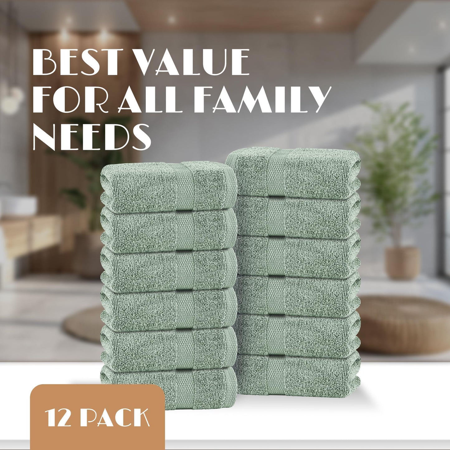 Green Washcloths Set for Body Face 12 Pack 12x12 Inch Towel Cotton Wash Cloths Bulk Spa Fingertip Wash Clothes Soft Absorbent Gym Towels
