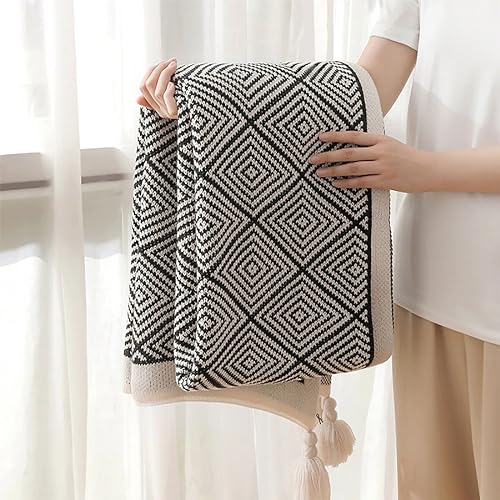 Fennco Styles Modern Diamond Knitted Throw Blanket with Tassel 50" W x 60" L – Taupe Geometric Pattern Lightweight Blanket for Couch, Bedroom, Living Room and Office Décor