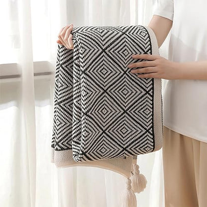 Fennco Styles Modern Diamond Knitted Throw Blanket with Tassel 50" W x 60" L – Taupe Geometric Pattern Lightweight Blanket for Couch, Bedroom, Living Room and Office Décor