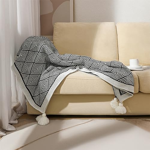 Fennco Styles Modern Diamond Knitted Throw Blanket with Tassel 50" W x 60" L – Taupe Geometric Pattern Lightweight Blanket for Couch, Bedroom, Living Room and Office Décor