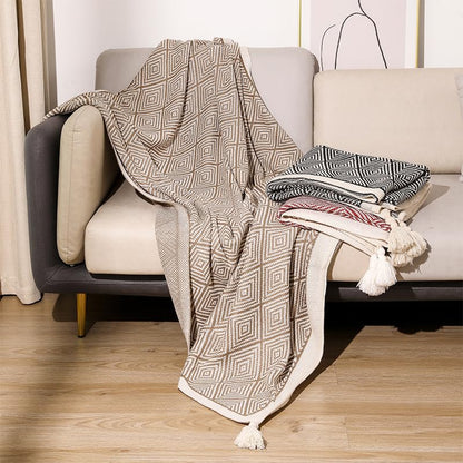Fennco Styles Modern Diamond Knitted Throw Blanket with Tassel 50" W x 60" L – Taupe Geometric Pattern Lightweight Blanket for Couch, Bedroom, Living Room and Office Décor