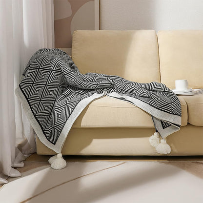 Fennco Styles Modern Diamond Knitted Throw Blanket with Tassel 50" W x 60" L – Taupe Geometric Pattern Lightweight Blanket for Couch, Bedroom, Living Room and Office Décor