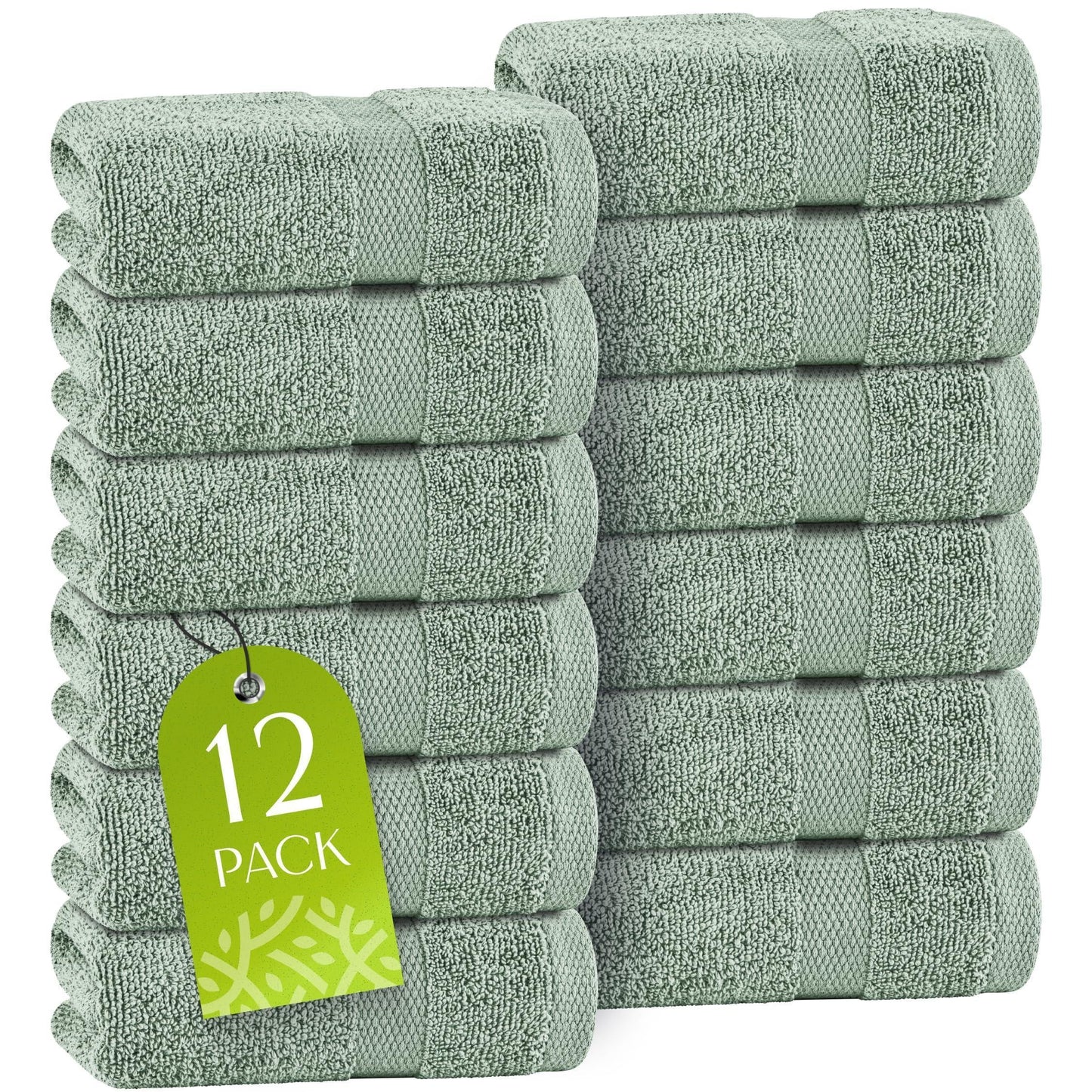 Green Washcloths Set for Body Face 12 Pack 12x12 Inch Towel Cotton Wash Cloths Bulk Spa Fingertip Wash Clothes Soft Absorbent Gym Towels