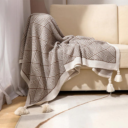 Fennco Styles Modern Diamond Knitted Throw Blanket with Tassel 50" W x 60" L – Taupe Geometric Pattern Lightweight Blanket for Couch, Bedroom, Living Room and Office Décor