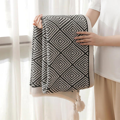Fennco Styles Modern Diamond Knitted Throw Blanket with Tassel 50" W x 60" L – Taupe Geometric Pattern Lightweight Blanket for Couch, Bedroom, Living Room and Office Décor