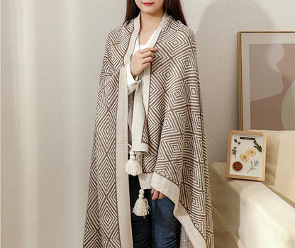 Fennco Styles Modern Diamond Knitted Throw Blanket with Tassel 50" W x 60" L – Taupe Geometric Pattern Lightweight Blanket for Couch, Bedroom, Living Room and Office Décor
