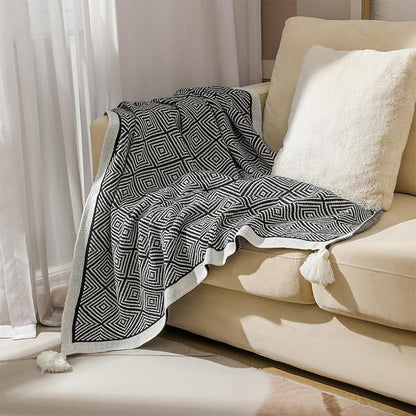 Fennco Styles Modern Diamond Knitted Throw Blanket with Tassel 50" W x 60" L – Taupe Geometric Pattern Lightweight Blanket for Couch, Bedroom, Living Room and Office Décor