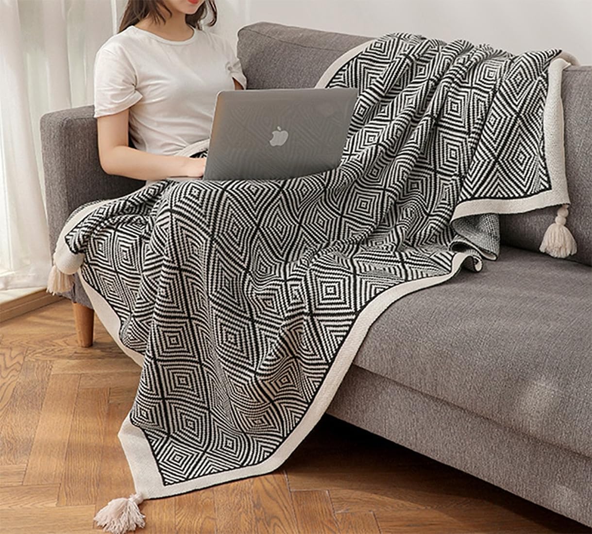 Fennco Styles Modern Diamond Knitted Throw Blanket with Tassel 50" W x 60" L – Taupe Geometric Pattern Lightweight Blanket for Couch, Bedroom, Living Room and Office Décor