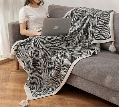 Fennco Styles Modern Diamond Knitted Throw Blanket with Tassel 50" W x 60" L – Taupe Geometric Pattern Lightweight Blanket for Couch, Bedroom, Living Room and Office Décor