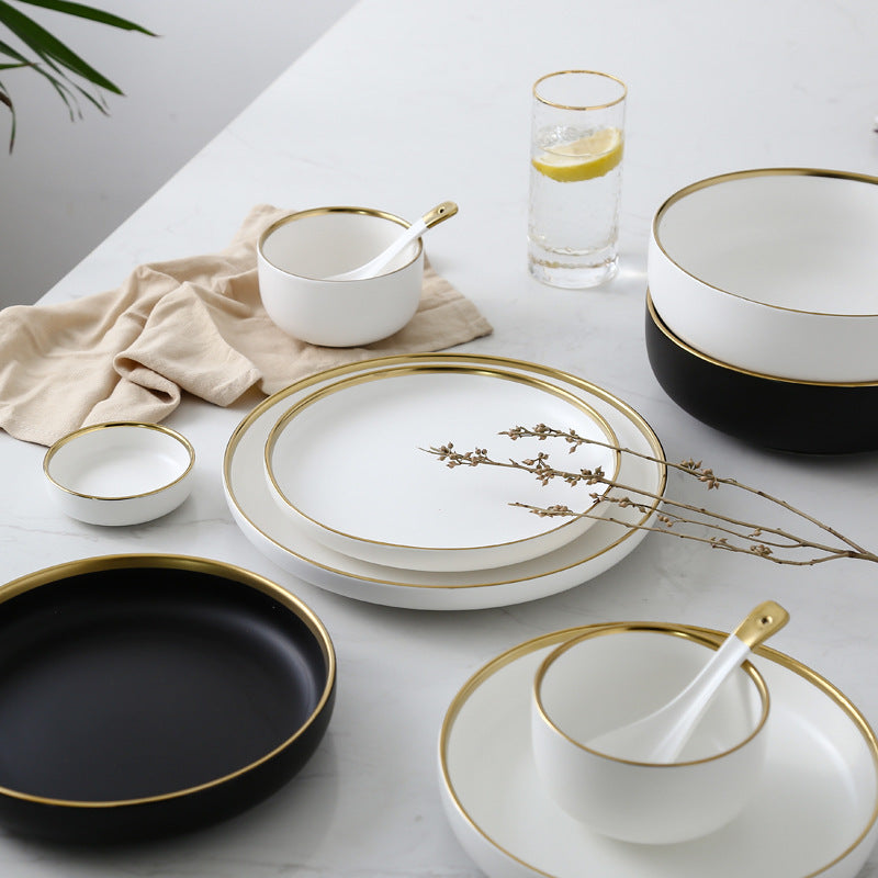 Elegant Ceramic Tableware Collection – Black & White with Gold Trim