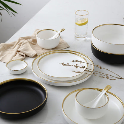 Elegant Ceramic Tableware Collection – Black & White with Gold Trim