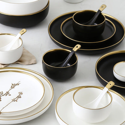 Elegant Ceramic Tableware Collection – Black & White with Gold Trim