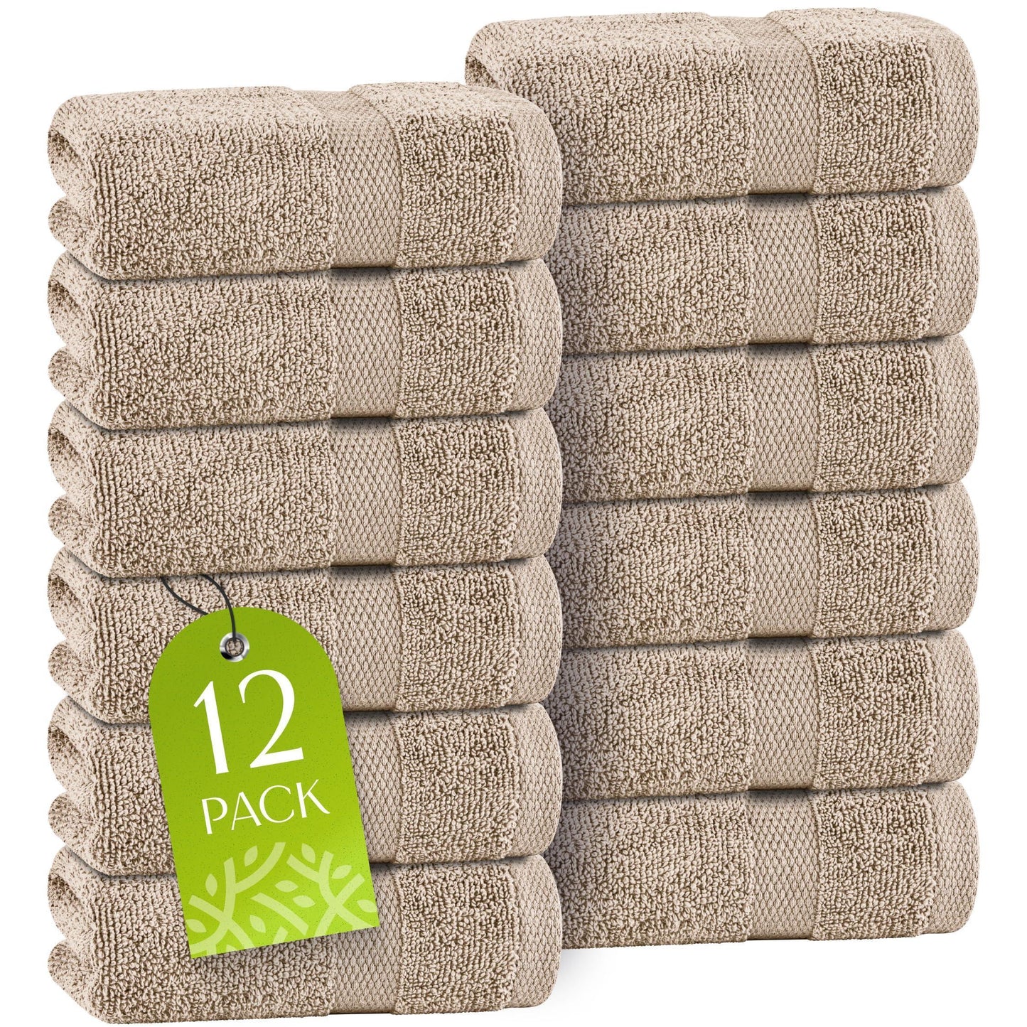 White Classic Taupe Washcloths Set 12 Pack for Body and Face Towel 12x12 Inch Cotton Wash Cloths Bulk Spa Fingertip Wash Clothes Soft Absorbent Gym Towels