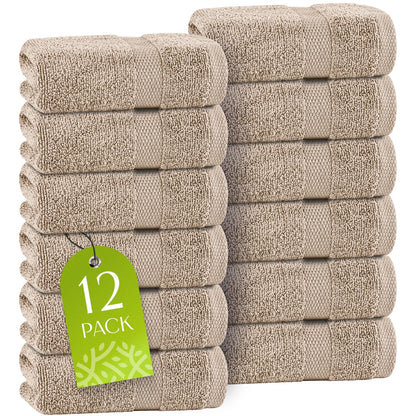 White Classic Taupe Washcloths Set 12 Pack for Body and Face Towel 12x12 Inch Cotton Wash Cloths Bulk Spa Fingertip Wash Clothes Soft Absorbent Gym Towels