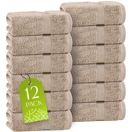 White Classic Taupe Washcloths Set 12 Pack for Body and Face Towel 12x12 Inch Cotton Wash Cloths Bulk Spa Fingertip Wash Clothes Soft Absorbent Gym Towels