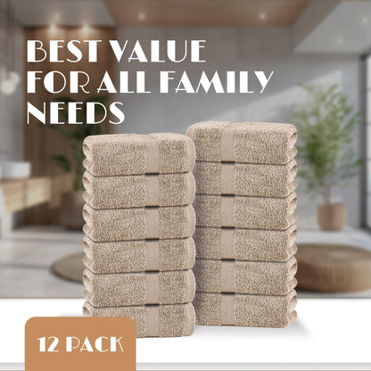 White Classic Taupe Washcloths Set 12 Pack for Body and Face Towel 12x12 Inch Cotton Wash Cloths Bulk Spa Fingertip Wash Clothes Soft Absorbent Gym Towels
