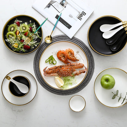 Elegant Ceramic Tableware Collection – Black & White with Gold Trim