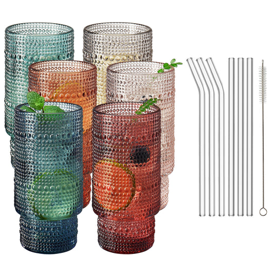 Tonal Collins Highball Glassware, Set of 6 with 6 Glass Straws & Cleaner